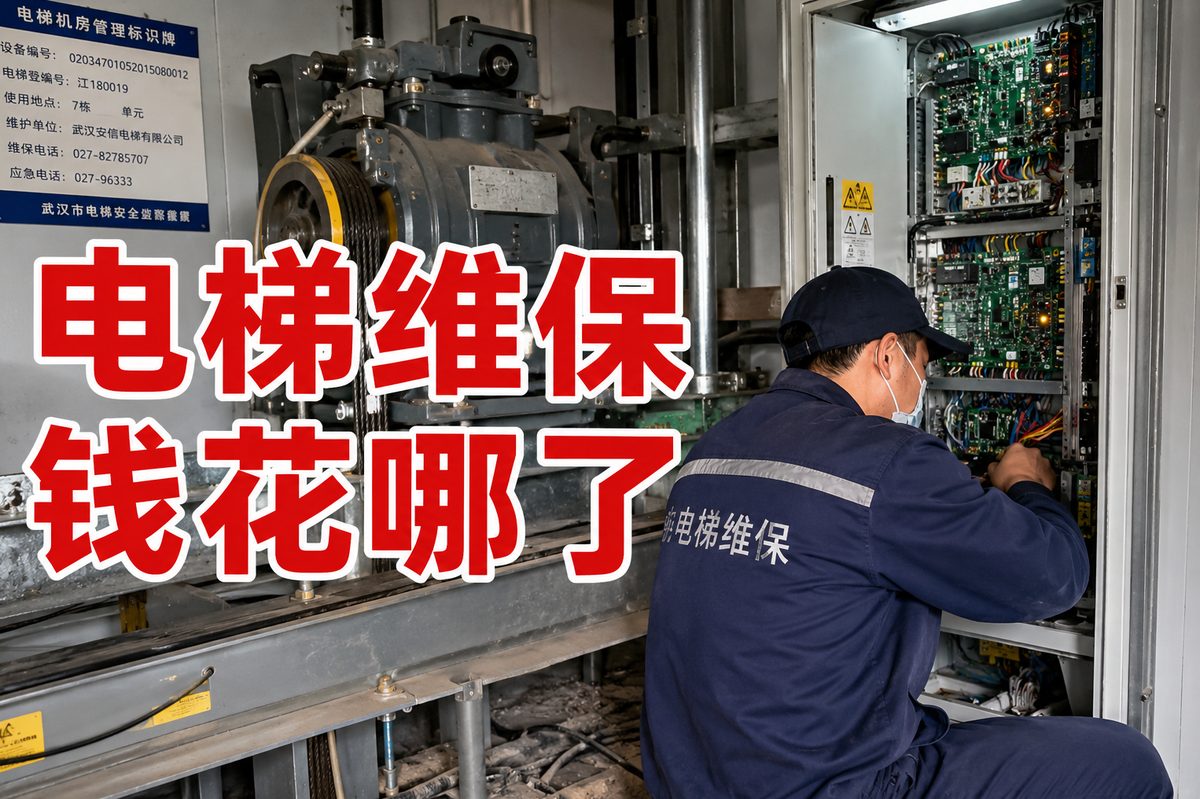 武汉某小区电梯机房维保师傅检修现场